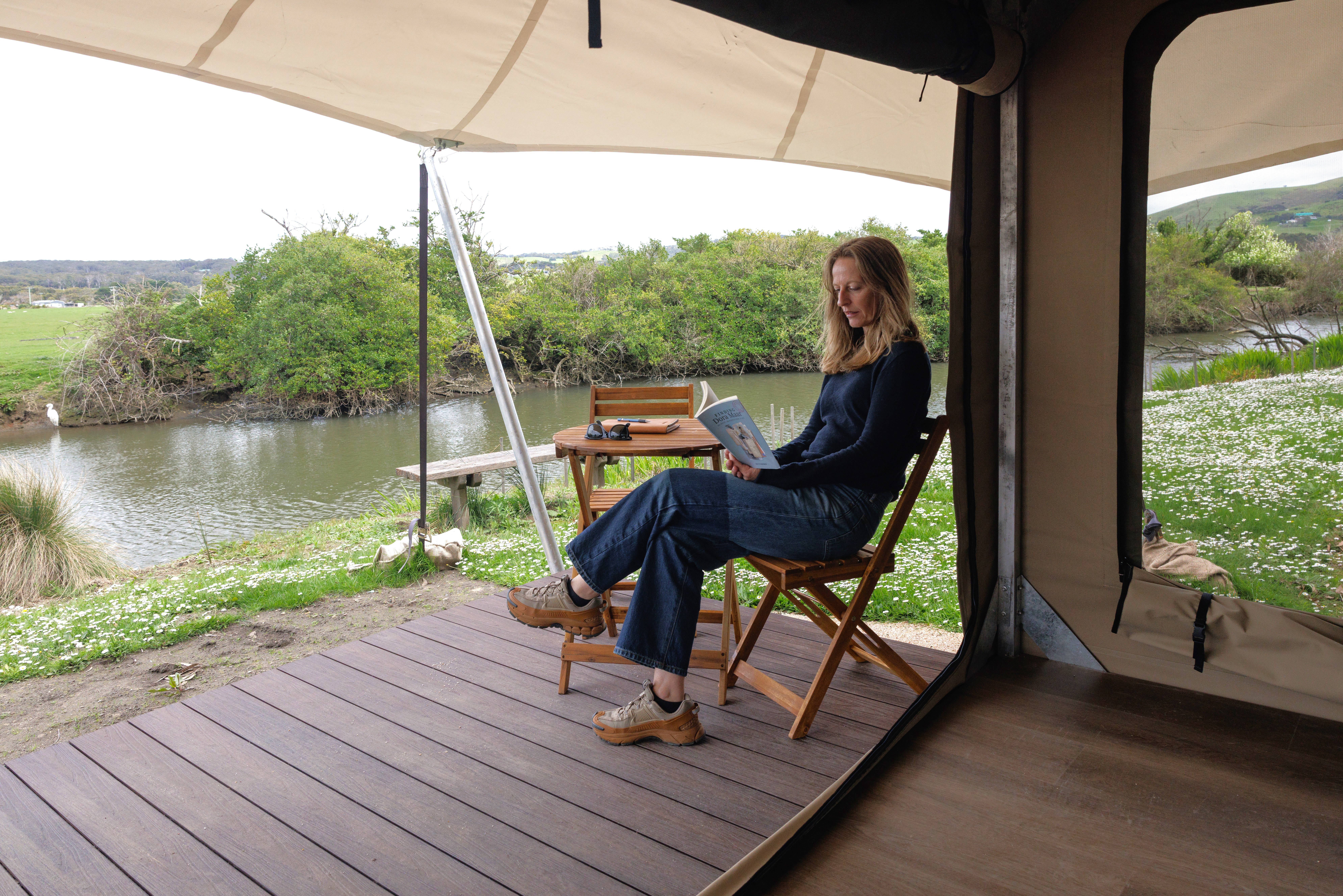 Unwind in a riverside Eco-Safari Tent at the Apollo Bay Recreation Reserve